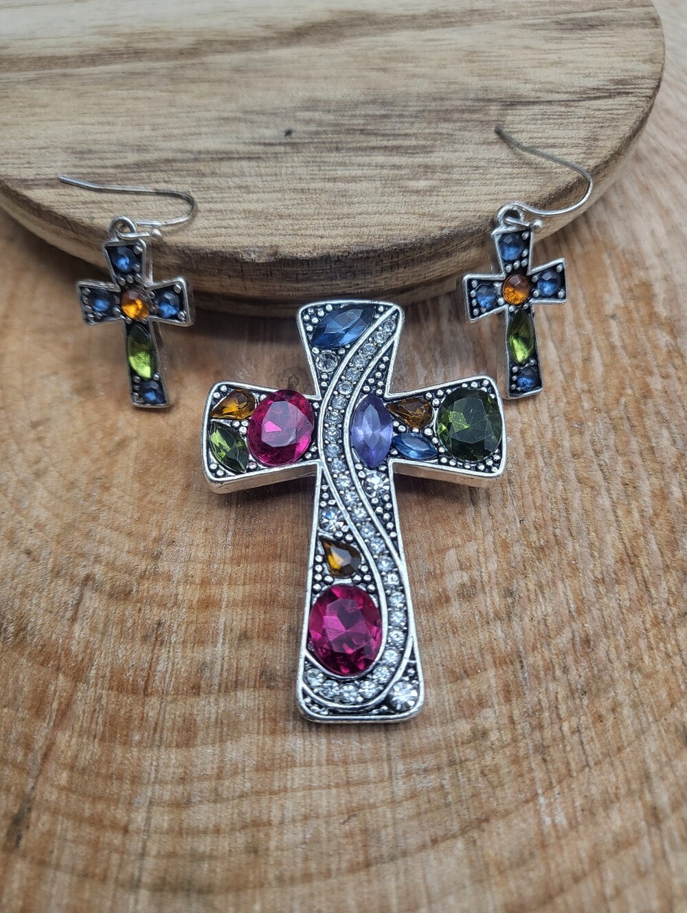 Multicolor Crystal Cross Pendant & Earring Set - Women Jewelry